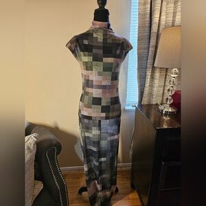 Sheer Pixel-Print Maxi Dress in Muted Greens and Gray